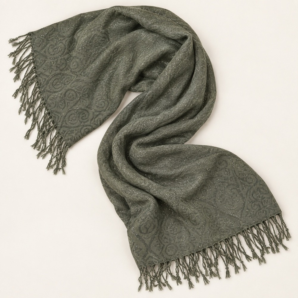 Unbranded Pashmina Scarf OS Sage Green Metallic Damask Shimmer Fringe Shawl Wrap
